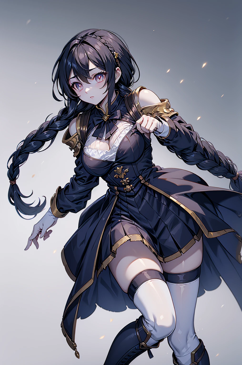 Correct body proportions，Golden ratio，braid，braid，braid，braid，Braid，单侧braid，单条braid，Dress，蓝色Dress，Blue skirt，Off-shoulder装，Off-shoulder，Black Hair，Black Hair，Golden Eyes，Golden pupils，Golden Eyes，Golden Eyes，Golden pupils，White lace trim，White knee socks，White garter stockings，White knee socks，White socks，White tights，White Silk，Waist，Waist，Waist，Black boots，Black boots，Sassy，Handsome，murderous，murderous，Vicious，cool girl，Mature girl，Busty girl，Fantasy style，Fantasy style，Close-up above the waist，Big breasts，Big breasts，Fantasy style，Dark Style，Gothic style