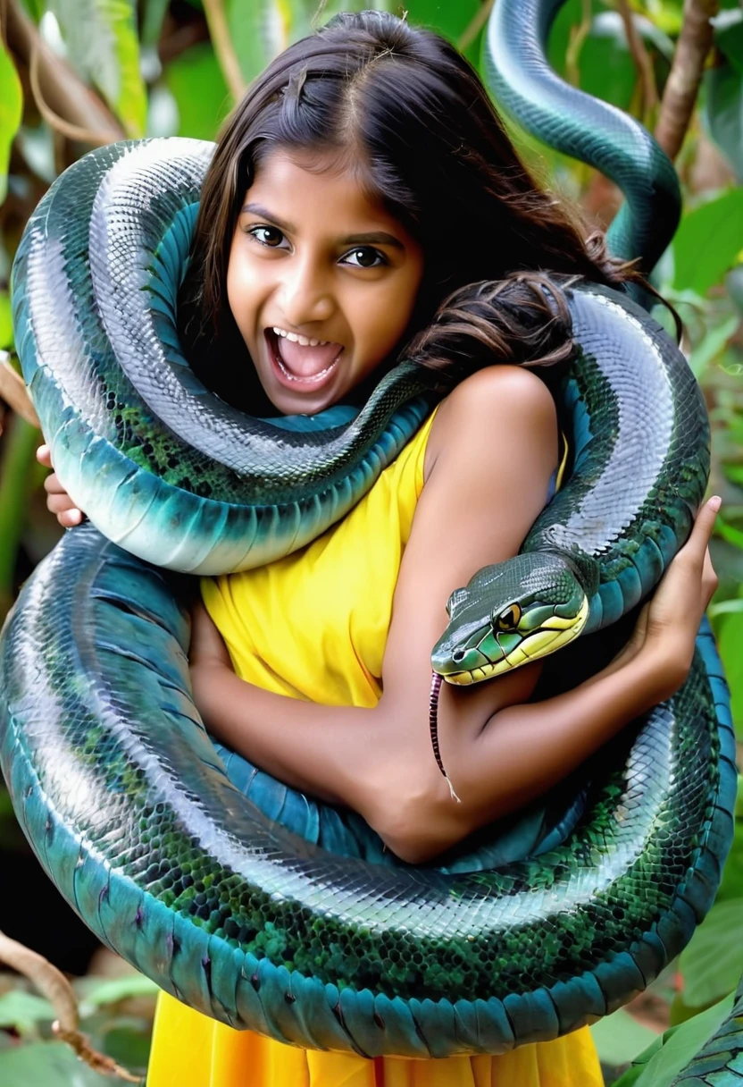 Happy Horny, aroused 1girl), beautiful  Indian  young teen girl with  giant colossal Kaa monster squeezing her hard, wrapped in thick spiraling coils, constricted, struggle, gasping for air, snake attack, snake peril,