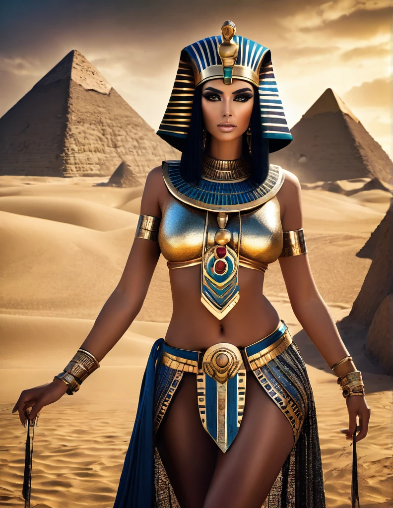 a dark fantasy photoshoot, realistic female fashion model, vogue magazine cover, inspired by ancient Egyptian goddess, realistic skin, detailed hair and face, posing as Cleopatra as Isis, Egyptian pyramids, realistic person, gothic fashion, revealing clothes, bombshell body, (best quality,4k,8k,highres,masterpiece:1.2),ultra-detailed,(realistic,photorealistic,photo-realistic:1.37),dramatic lighting,dramatic shadows,chiaroscuro,cinematic,moody,dramatic color palette,muted colors,deep saturated colors,ornate decoration,intricate details,impeccable rendering