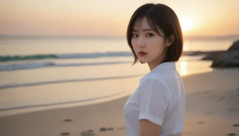Close up of beautiful Korean woman, Chest size 34 inches, Wear a light shirt and a light skirt, Looking at the sea from the beac...