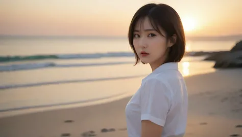 close up of beautiful korean woman, chest size 34 inches, wear a light shirt and a light skirt, looking at the sea from the beac...