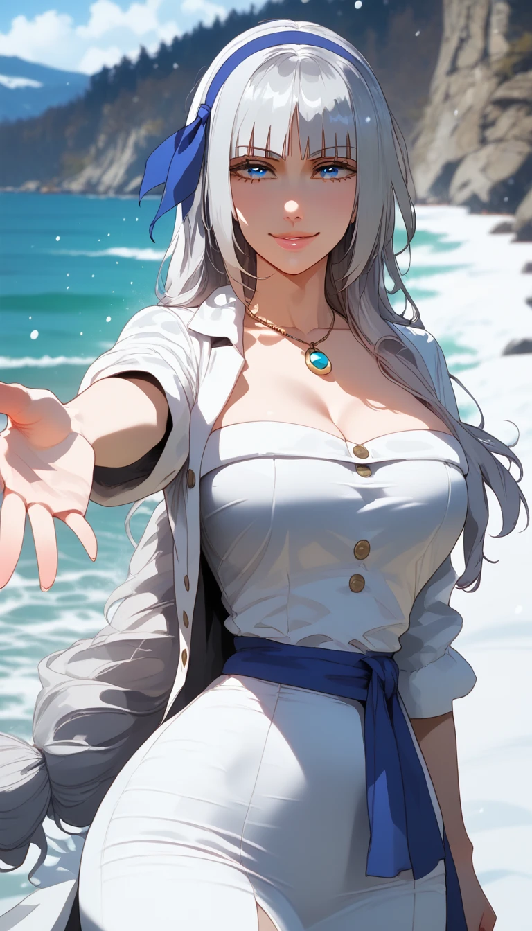 score_9, score_8_up, score_7_up, score_6_up, uncensored, mylene, long hair, silver hair, blue hairband, blue eyes, necklace, BREAK (masterpiece:1.2), best quality, high resolution, (detailed eyes:1.3), perfect lighting, (perfect hands, perfect anatomy), large breasts, soft focus, fantasy art, moon, full_moon, gloves, snow, outstretched_arms, ocean, black_gloves, 1girl, long_hair, waves, coat, solo, outdoors, black_coat, long_sleeves, water, snowing, buttons, breath, looking_at_viewer, winter, reaching_out, smile, spread_arms, winter_clothes