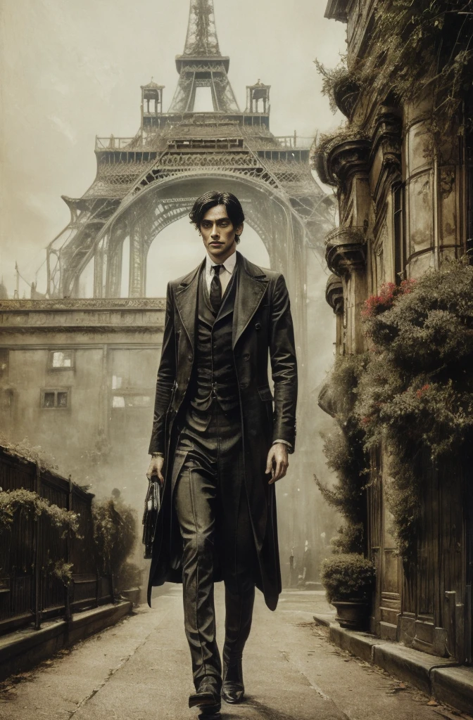 A scene from a black and white movie, 1920年代のParis, Young Great Thief, The budding gentleman thief, Arsene Lupin, Fearless, elusive, Very stylish, Sophisticated Fashion, A very handsome man in his 20s, Sharp contours, Nostalgia: Ezbians everywhere, Outdoor, Paris, Montmartre, Tom Bagshawに触発されたデジタルアート, tumbler, Gothic art, Tom Bagshaw donato giancola, style of Tom Bagshaw, Tom Bagshaw. Oil, Tom Bagshaw style, Brad Kunkle Elson Peter, Tom Bagshaw portrait, adi granov, artstyle Tom Bagshaw, Nick Alm, Digital art by Ludwik Konarzewski, Featured on cgsociety, Gothic art, photography of albert watson, albert watson, Paolo Roversi, ナタリー・ショウ Tom Bagshaw, Vrop and Andrey Ryabovitchev, steven meisel, tumbler, Figurative art, ,Beautiful and expressive digital art, Beautiful artwork illustration, wonderful, Cool Beauty, Highest quality, Official Art