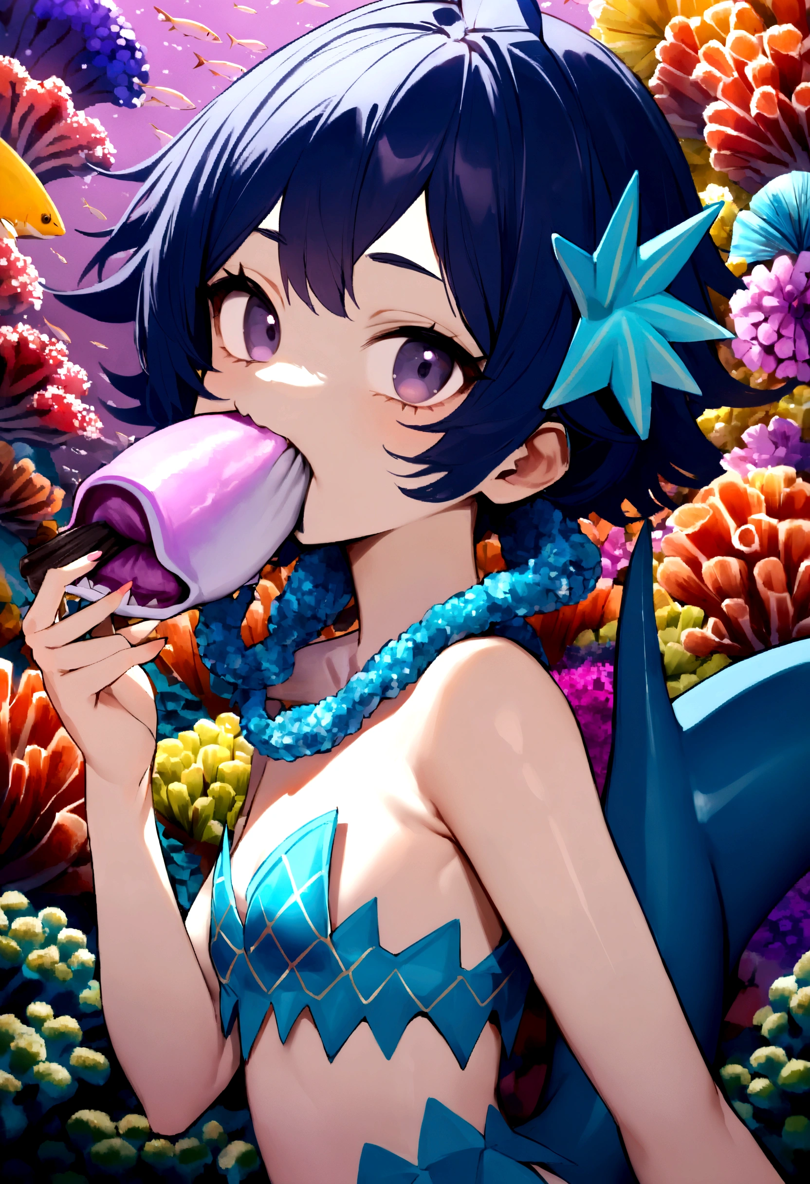 A shark themed mermaid (age 10, sea star bra, dark eyes, deep blue hair, shark fin on back, over sized mouth with razor teeth) seen from the side, she is disinterested in the viewer, she is hungrily eating a fish, colorful reef
