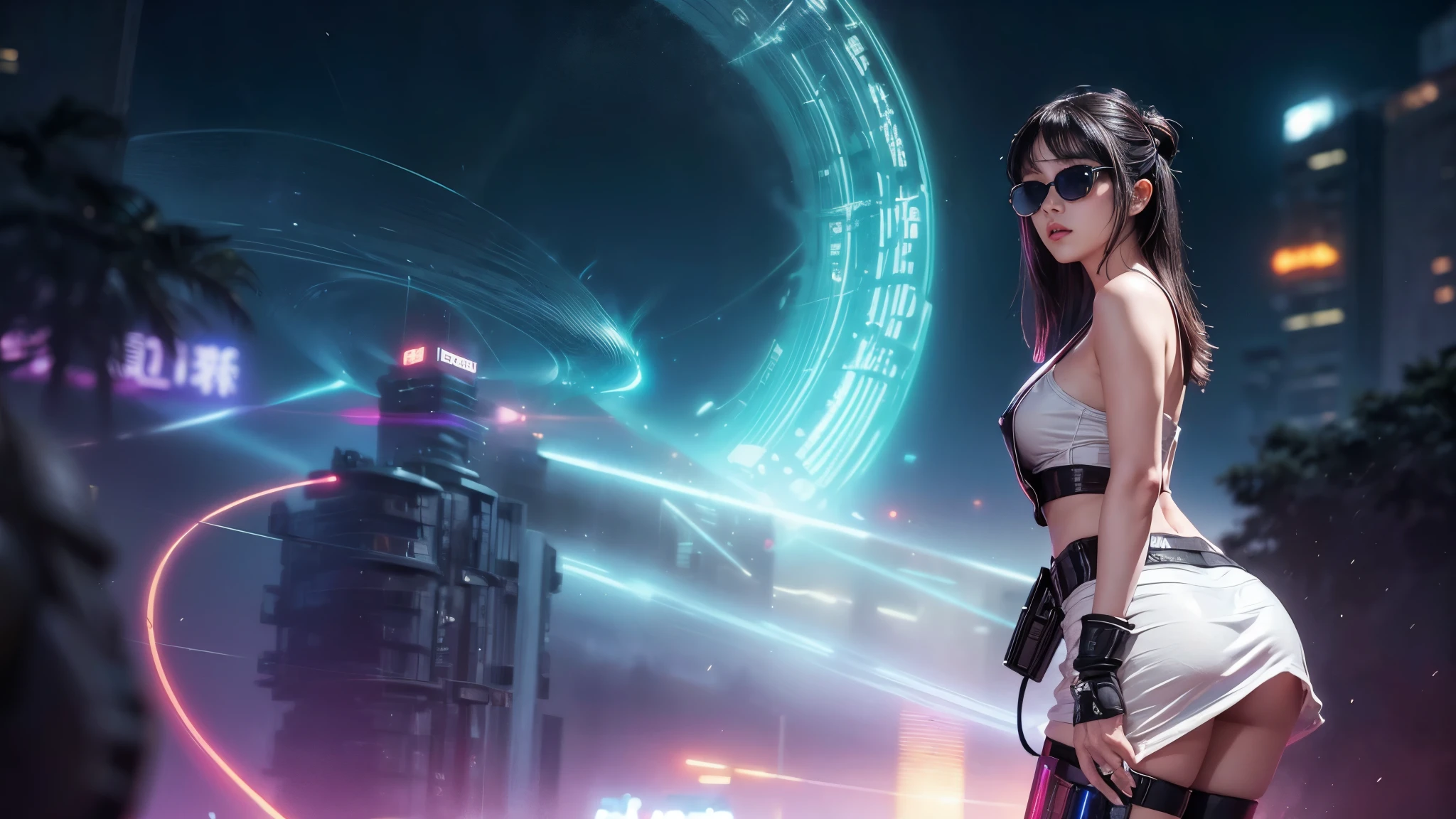 8k, Realistic Skin Texture, Realistic Photo, Neo Tokyo, slim women, large-breast:1.4 cleavage:1.3, AD2050 at night, Dirty hunting jacket, Wearing tube top, miniskirt, (((black sunglasses, automatic rifle, sneakers, cold, shooting pose, very low angle view))), Innovative composition, revenge, cyberpunk, blade runner worldview, Large neon sign, Geisha hologram sign, Strong Wakamoto Sign.