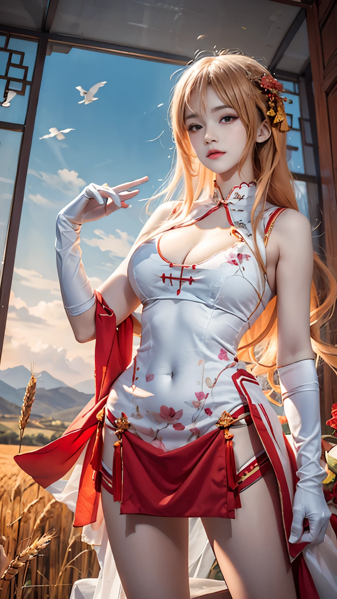 Yuuki Asuna,cheongsam, china dress, chinese clothes, sleeveless, bare shoulders, ((I-type Valley)), masterpiece，best quality，High target质量，High target清晰度，High target质量的纹理，High target质量的阴影，High target细节，beautiful细节，Fine details，Extremely detailed CG，Detailed texture，lifelike的面部表现，lifelike的，rich and colorful，Beautifully，Clear focus，(Intricate details，Pure love face_v1:0.5)，(细节美Beautifully脸，(细节美Beautifully眼睛)，perfect比例的脸，High targetSkin details，Skin details，The best ratio of four fingers and one thumb，emaciated:1.3)，1 girl，17 years old，High target，(光滑的Abdominal muscles:1.55)，(Abdominal muscles:0.5)，beautiful，perfect，High target，((Large Breasts, Large Breasts, Large Breasts)), ((Bare shoulders)), ((The skirt is very short)), (Long legs)，(Straight Legs)，(Thin waist)，((White skin))，White skin，((White skin))，(Emma Watson)，Large Breasts，((bule))，Light Blonde Hair，Stand with your legs apart，Looking at the audience，whole body，Portrait of cute blonde girl，((Standing in the wheat field,look into the distance))，bloom，Orange Fog，kinetic，A strand of hair，lifelike，High target品质渲染，Amazing Art，High target品质，film texture，Fuji XT3，Dream