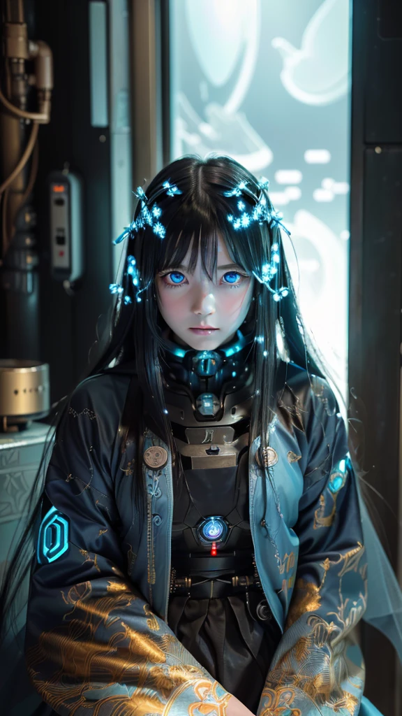 (Neo Tokyo:1.5), (Cyberpunk:1.5), (12 year old very pretty and beautiful and girl ghost with mysterious atmosphere:1.5), (petite in appearance and graceful in traditional Japanese costume and design, (beautiful light blue eyes:1.3), (light blue plasma all around and fantastic atmosphere:1.5), biomechanical, Japanese traditional noble Japanese room, long black hair, bangs in a bun, face, hands, designs and decorations are detailed and clearly drawn, ultra realistic and realistic image with super high resolution