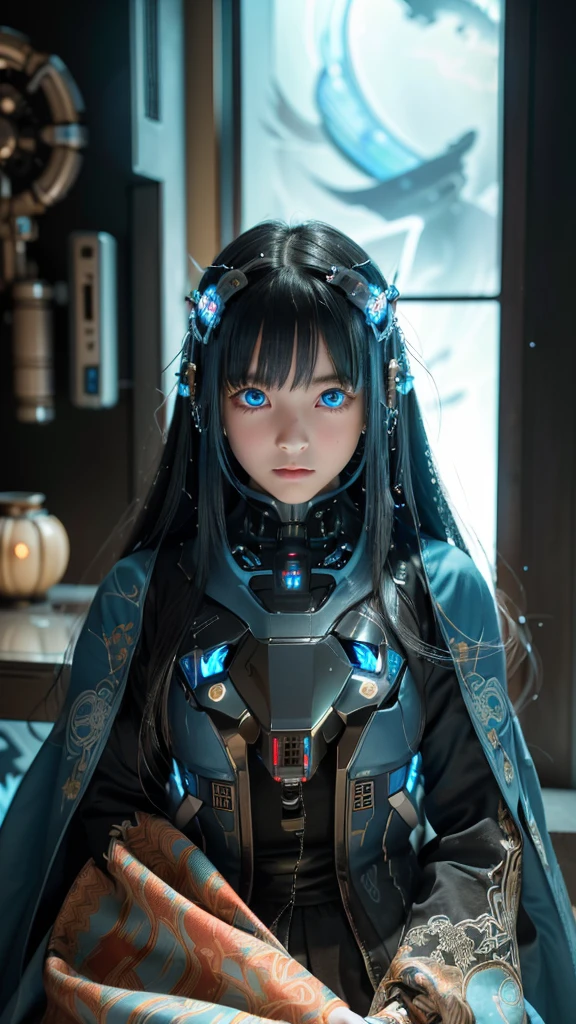 (neo tokio:1.5), (ciberpunk:1.5), ( muy bonita y hermosa y fantasma de niña con atmósfera misteriosa:1.5), (de aspecto pequeño y elegante con un traje y diseño japonés tradicional, (hermosos ojos azul claro:1.3), (plasma azul claro por todas partes y una atmósfera fantástica:1.5), biomecánico, Habitación japonesa noble tradicional japonesa., pelo largo y negro, flequillo en un moño, rostro, manos, Los diseños y decoraciones están detallados y claramente dibujados., Imagen ultra realista y realista con resolución súper alta.