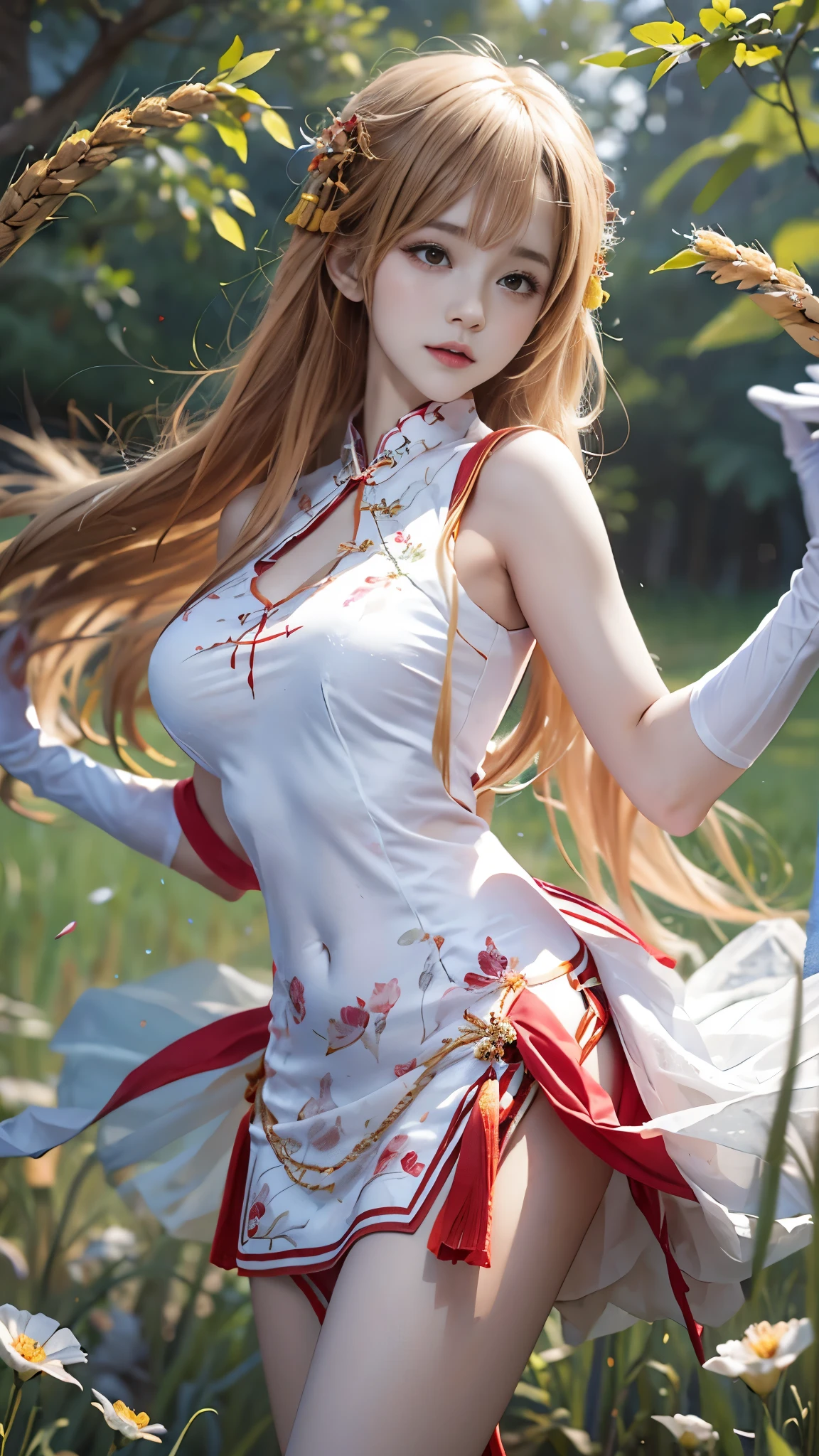 Yuuki Asuna,cheongsam, china dress, chinese clothes, sleeveless, bare shoulders, ((I-type Valley)), masterpiece，best quality，High target质量，High target清晰度，High target质量的纹理，High target质量的阴影，High target细节，beautiful细节，Fine details，Extremely detailed CG，Detailed texture，lifelike的面部表现，lifelike的，rich and colorful，Beautifully，Clear focus，(Intricate details，Pure love face_v1:0.5)，(细节美Beautifully脸，(细节美Beautifully眼睛)，perfect比例的脸，High targetSkin details，Skin details，The best ratio of four fingers and one thumb，emaciated:1.3)，1 girl，17 years old，High target，(光滑的Abdominal muscles:1.55)，(Abdominal muscles:0.5)，beautiful，perfect，High target，((Large Breasts, Large Breasts, Large Breasts)), ((Bare shoulders)), ((The skirt is very short)), (Long legs)，(Straight Legs)，(Thin waist)，((White skin))，White skin，((White skin))，(Emma Watson)，Large Breasts，((bule))，Light Blonde Hair，Stand with your legs apart，Looking at the audience，whole body，Portrait of cute blonde girl，((Standing in the wheat field,look into the distance))，bloom，Orange Fog，kinetic，A strand of hair，lifelike，High target品质渲染，Amazing Art，High target品质，film texture，Fuji XT3，Dream