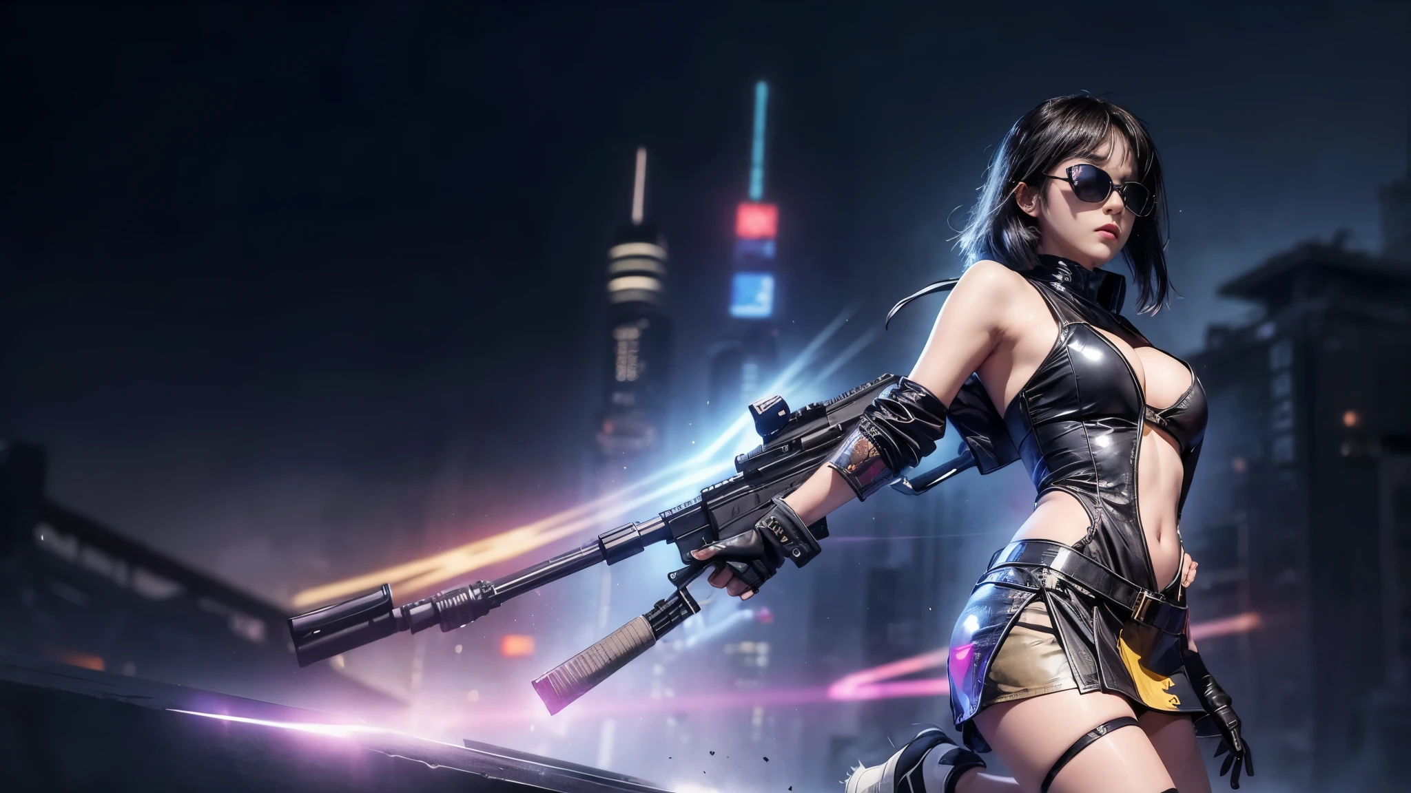 8k, Realistic Skin Texture, Realistic Photo, Neo Tokyo, slim women, large-breast:1.4 cleavage:1.3, AD2050 at night, Dirty hunting jacket, Wearing tube top, miniskirt, (((black sunglasses, automatic rifle, sneakers, cold, shooting pose, very low angle view))), Innovative composition, revenge, cyberpunk, blade runner worldview, Large neon sign, Geisha hologram sign, Strong Wakamoto Sign.