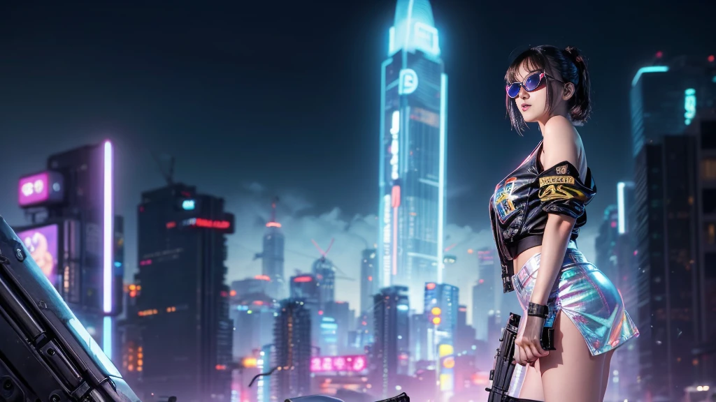 8k, Realistic Skin Texture, Realistic Photo, Neo Tokyo, slim women, large-breast:1.4 cleavage:1.3, AD2050 at night, Dirty hunting jacket, Wearing tube top, miniskirt, (((black sunglasses, automatic rifle, sneakers, cold, shooting pose, very low angle view))), Innovative composition, revenge, cyberpunk, blade runner worldview, Large neon sign, Geisha hologram sign, Strong Wakamoto Sign.