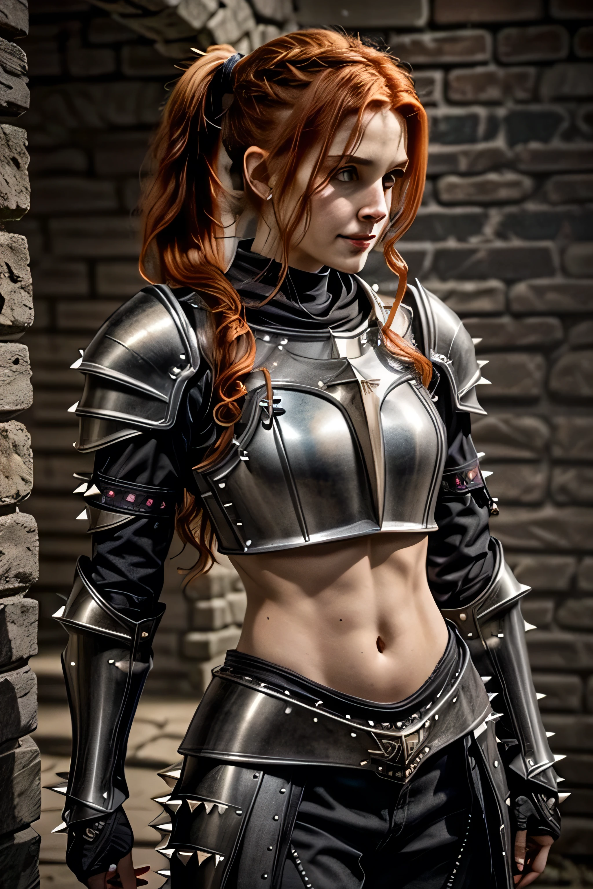 (masterpiece, photorealistic:1.4, extremely intricate:1.3), (photon mapping, radiosity, physically based rendering, ultra resolution, hyper-realistic, photorealistic:1.4, hyper-realistic, 8K), ((((solo, 1girl) athletic cleric, (mysterious expression)))), bright glow, dynamic pose, dark room, dark background, black background, solo, BREAK; BREAK ((((smirking, ((long wavy ginger hair, ponytail, thin hips, skinny)))))), (freckles: 0.7), ((fujicolor)), BREAK; BREAK ((((medieval (matte black paladin armor spiked)), underboob, abdominals))) BREAK; BREAK (((breast size: 0.6)))