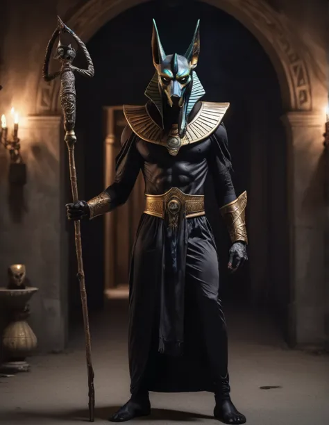 a man dressed as realistic zumbi anubis halloween costume design, intimidating psychopathic man, anubis mask, dark energy, black...