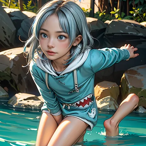 ((gawr gura, gura hoodie ,blue hoodie, shark hood))、(Light blue eyes＿Light blue mesh on gray hair:1.9＿Beautiful girl jumping int...