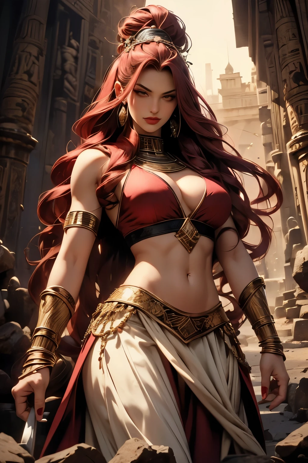 Women, red wine red hair, straight , yellow eyes, Red lips, arrogant smile, big breasts, body with muscles, egyptian clothing, accessories that cover it, exercised arms, river nile bottom
