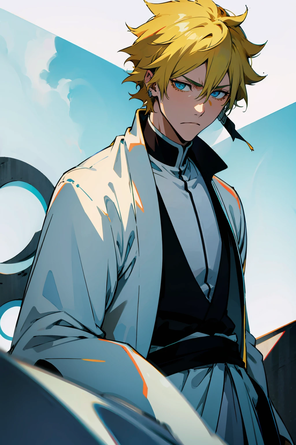 1male, Young Adult, Short Hair, Black Colored Hair, Yellow Highlights, Two Toned Hair, Sky Blue Eyes, Bleach, Hueco Mundo, Arrancar Clothing, Sunny, Muscular, White Coat, Detailed Eyes, Wavy Hair, Earring