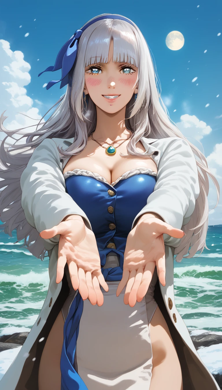 score_9, score_8_up, score_7_up, score_6_up, uncensored, mylene, long hair, silver hair, blunt bangs, blue hairband, blue eyes, necklace, BREAK (masterpiece:1.2), best quality, high resolution, (detailed eyes:1.3), perfect lighting, (perfect hands, perfect anatomy), large breasts, soft focus, fantasy art, moon, full_moon, gloves, snow, outstretched_arms, ocean, black_gloves, 1girl, long_hair, waves, coat, solo, outdoors, black_coat, long_sleeves, water, snowing, buttons, breath, looking_at_viewer, winter, reaching_out, smile, spread_arms, winter_clothes