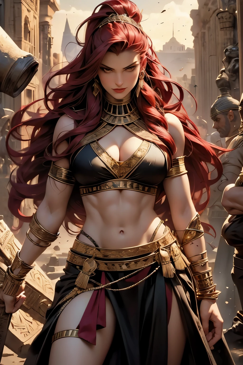 Women, red wine red hair, straight hair , golden yellow eyes, Red lips, arrogant smile, very big breasts, body with muscles, egyptian clothing, accessories that cover it, exercised arms, river nile bottom