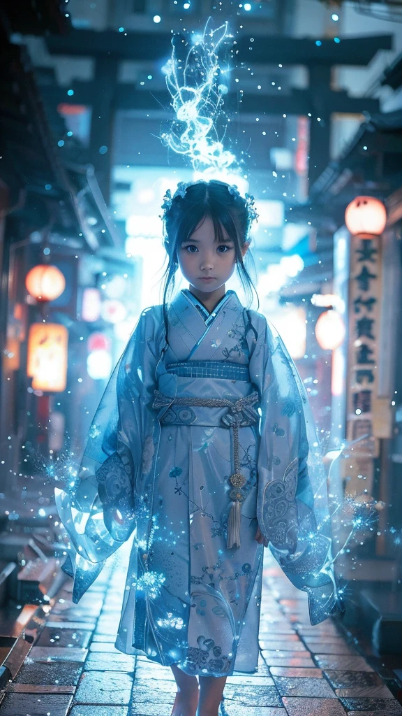 neo tokio, ciberpunk,  muy linda y hermosa y una chica con un ambiente misterioso, fantasma,  en apariencia y elegante en traje y diseño tradicional japonés, hermosos ojos azul claro, biomecánico, Habitación japonesa elegante tradicional japonesa., pelo largo y negro, Golpes, rostro, Las manos, los diseños y las decoraciones están detallados y claramente dibujados., Imágenes ultrarrealistas y realistas de súper alta calidad..