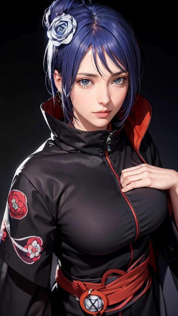 （（（akatsuki outfit，Xiao clothing, ninja, black cloak,black coat, （（（heavy，the woman \(naruto\),the woman, blue hair, Orange pupils, short hair, hair ornament, flower, hair flower, ））），（（（wide hips））），S-shaped body:1.7））），((masterpiece)),high resolution, ((Best quality at best))，masterpiece，quality，Best quality，（（（ Exquisite facial features，looking at the audience,There is light in the eyes，shy，blush，pain，endure ））），（（（Light and shadow interlace，super gigantic ，cleavage））），（（（looking into camera，from above，looking down，looking into camera，white paper airplane，white paper，Hands hidden in sleeves）））sexly