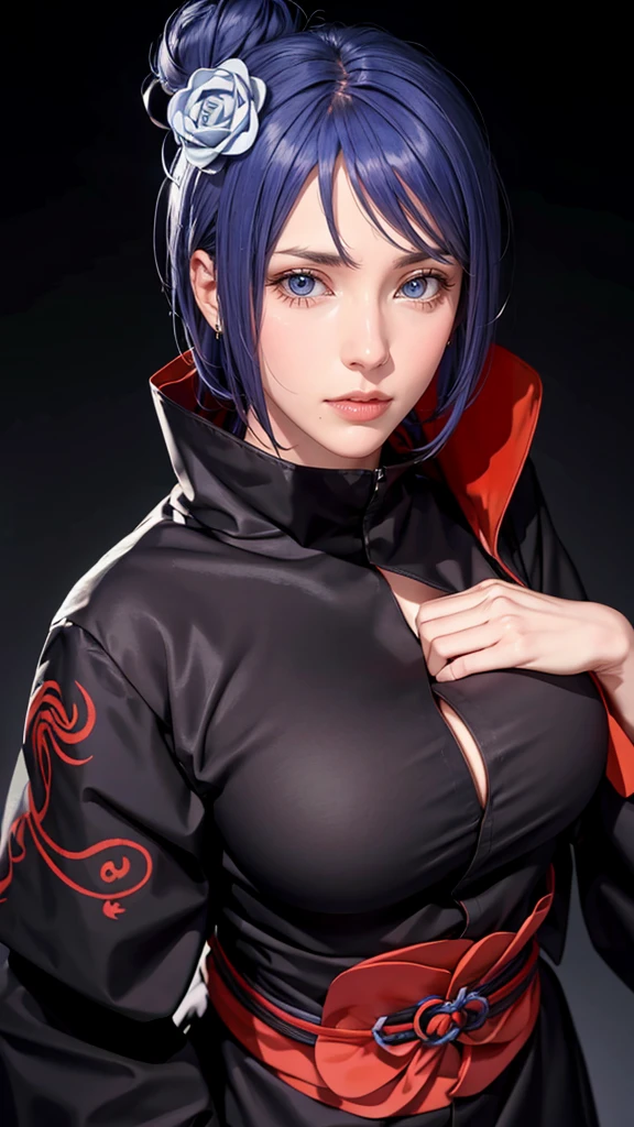 （（（TRAJE AKATSUKI，ropa xiao, ninjas, manto negro,abrigo negro, （（（pesado，La mujer \(naruto\),La mujer, pelo azul, Orange pupils, cabello corto, adorno para el pelo, flor, hair flor, ））），（（（Caderas anchas））），cuerpo en forma de S:1.7））），((obra maestra)),Alta resolución, ((Best calidad at best))，obra maestra，calidad，Best calidad，（（（ Rasgos faciales exquisitos，mirando a la audiencia,Hay luz en los ojos，tímido，rubor，dolor，perdurar ））），（（（Luz y sombra entrelazadas，super gigantic ，escote））），（（（mirando a la cámara，desde arriba，mirando abajo，mirando a la cámara，Informe técnico airplane，Informe técnico，Manos ocultas en mangas）））paseo sexy de cuerpo completo