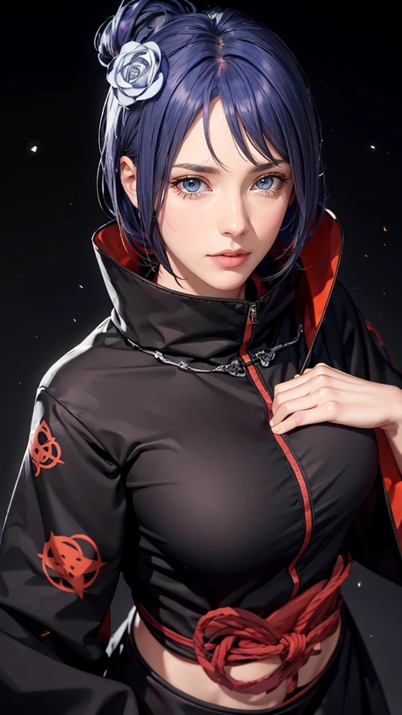 （（（TRAJE AKATSUKI，ropa xiao, ninjas, manto negro,abrigo negro, （（（pesado，La mujer \(naruto\),La mujer, pelo azul, Orange pupils, cabello corto, adorno para el pelo, flor, hair flor, ））），（（（Caderas anchas））），cuerpo en forma de S:1.7））），((obra maestra)),Alta resolución, ((Best calidad at best))，obra maestra，calidad，Best calidad，（（（ Rasgos faciales exquisitos，mirando a la audiencia,Hay luz en los ojos，tímido，rubor，dolor，perdurar ））），（（（Luz y sombra entrelazadas，super gigantic ，escote））），（（（mirando a la cámara，desde arriba，mirando abajo，mirando a la cámara，Informe técnico airplane，Informe técnico，Manos ocultas en mangas）））paseo sexy de cuerpo completo