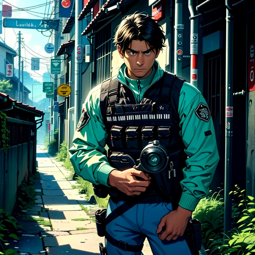 Masterpiece, best quality, 1 man, 30 year old man, focus man, alone, alone focus, black hair, Turquoise eyes, black bulletproof vest, Mercenaries, (holding an assault rifle), Standing position, Standing shooting position, Battlefield backdrop, War zone, serious, solemn face, Dangerous atmosphere.