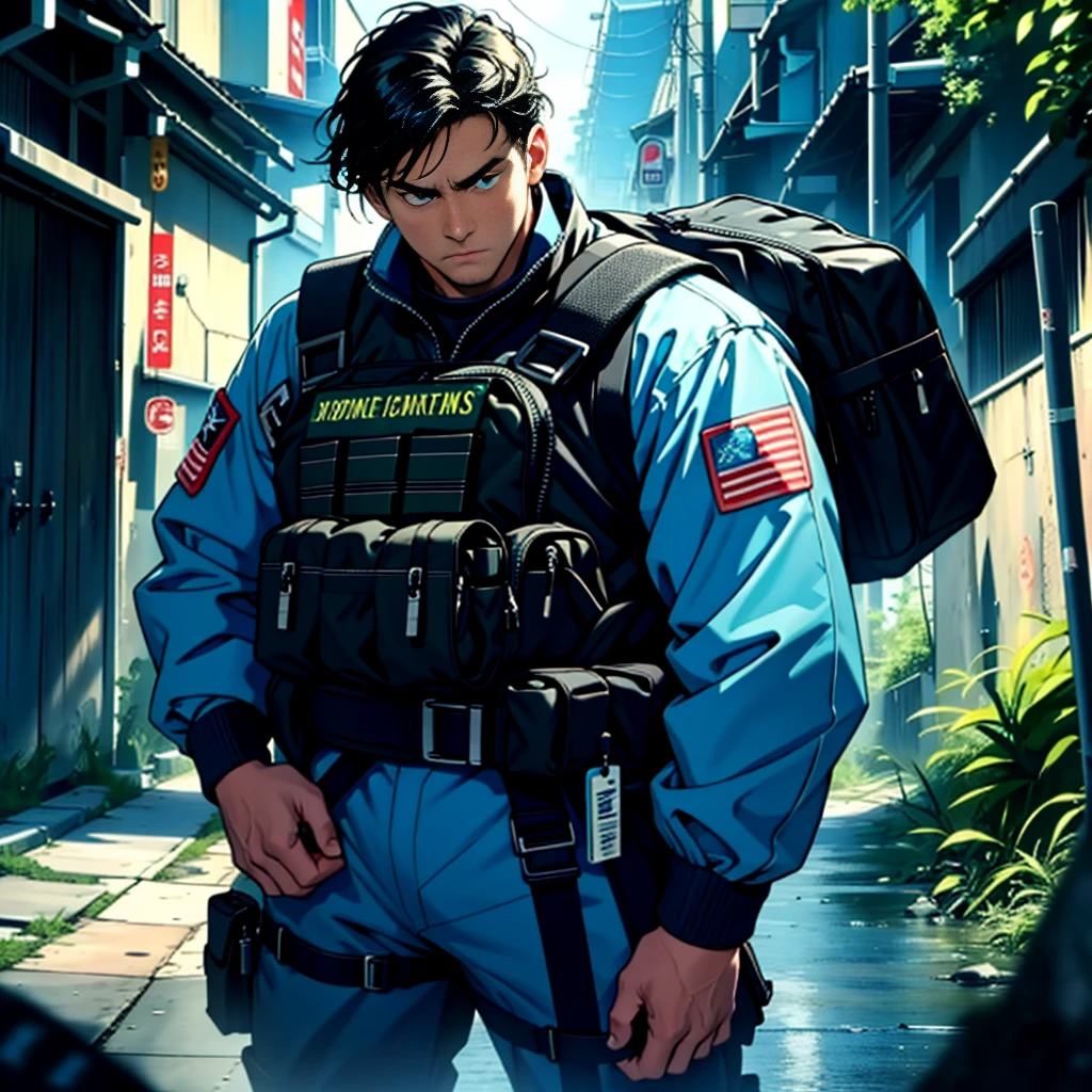 Masterpiece, best quality, 1 man, 30 year old man, focus man, alone, alone focus, black hair, Turquoise eyes, black bulletproof vest, Mercenaries, (holding an assault rifle), Standing position, Standing shooting position, Battlefield backdrop, War zone, serious, solemn face, Dangerous atmosphere.