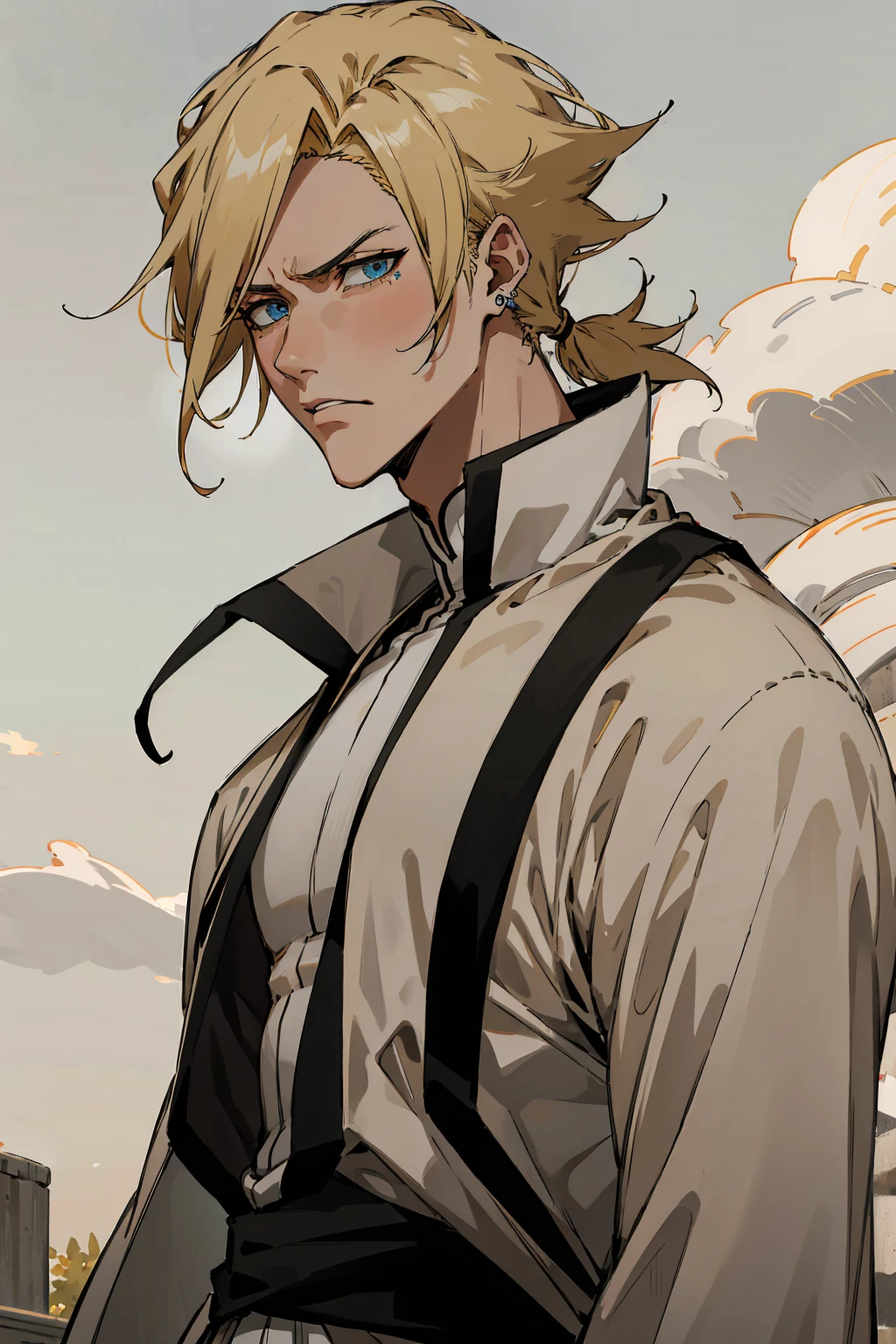 1male, Young Adult, Short Hair, YellowColored Hair, Black Highlights, Two Toned Hair, Sky Blue Eyes, Bleach, Hueco Mundo, Arrancar Clothing, Sunny, Muscular, White Coat, Detailed Eyes, Wavy Hair, Earring, Slicked Back Hair