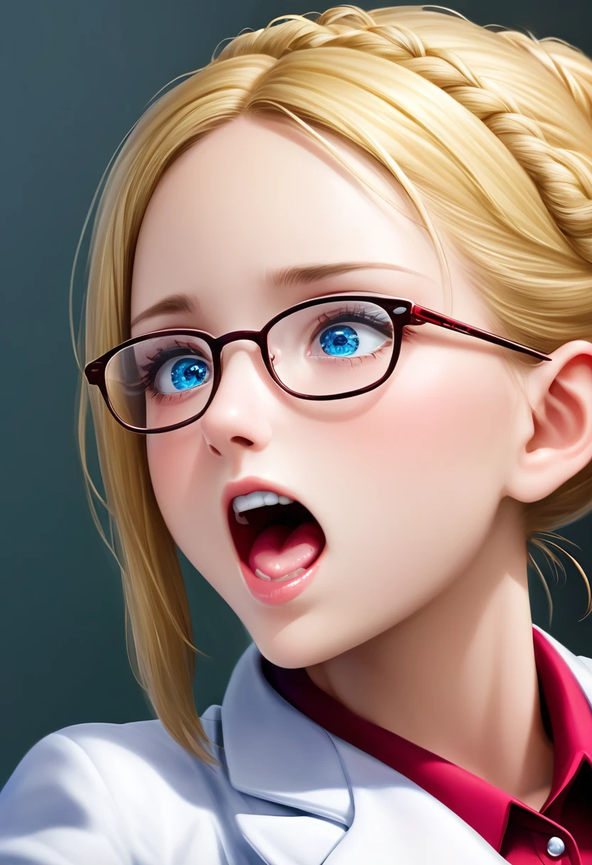 detailed illustration, dynamic angle, ultra-detailed, illustration, clean line art, shading, anime, detailed eyes, detailed face, beautiful face, dramatic lighting, ultra-detailed, illustration, single woman, masterpiece, masterwork, beautiful, blue eyes, show whole body in shot,

Thin, willowy, lithe, a cup breasts, narrow hips, creamy white skin, pale skin tone, blonde hair in a french braid with bangs, lab coat, glasses, professional, shy, quiet, mousy, conservatively dressed, puritanical, college age, look of pain on face, yelling, veins bulging, hunched over, hugging self, in pain, hurt, clothes ripping, muscles bulging, muscles growing, legs curled up