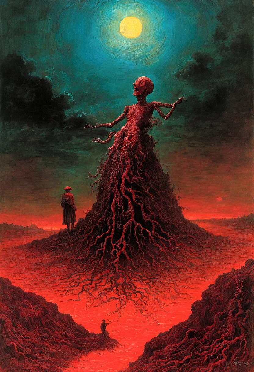 Mythical creatures, author：Zdzislaw Beksiński and Vincent Van Gogh, Album cover, romantic, Surrealism, Futuristic ,Smiling Corpse, Coral, Wizard, Abstracted, dark, red, landscape