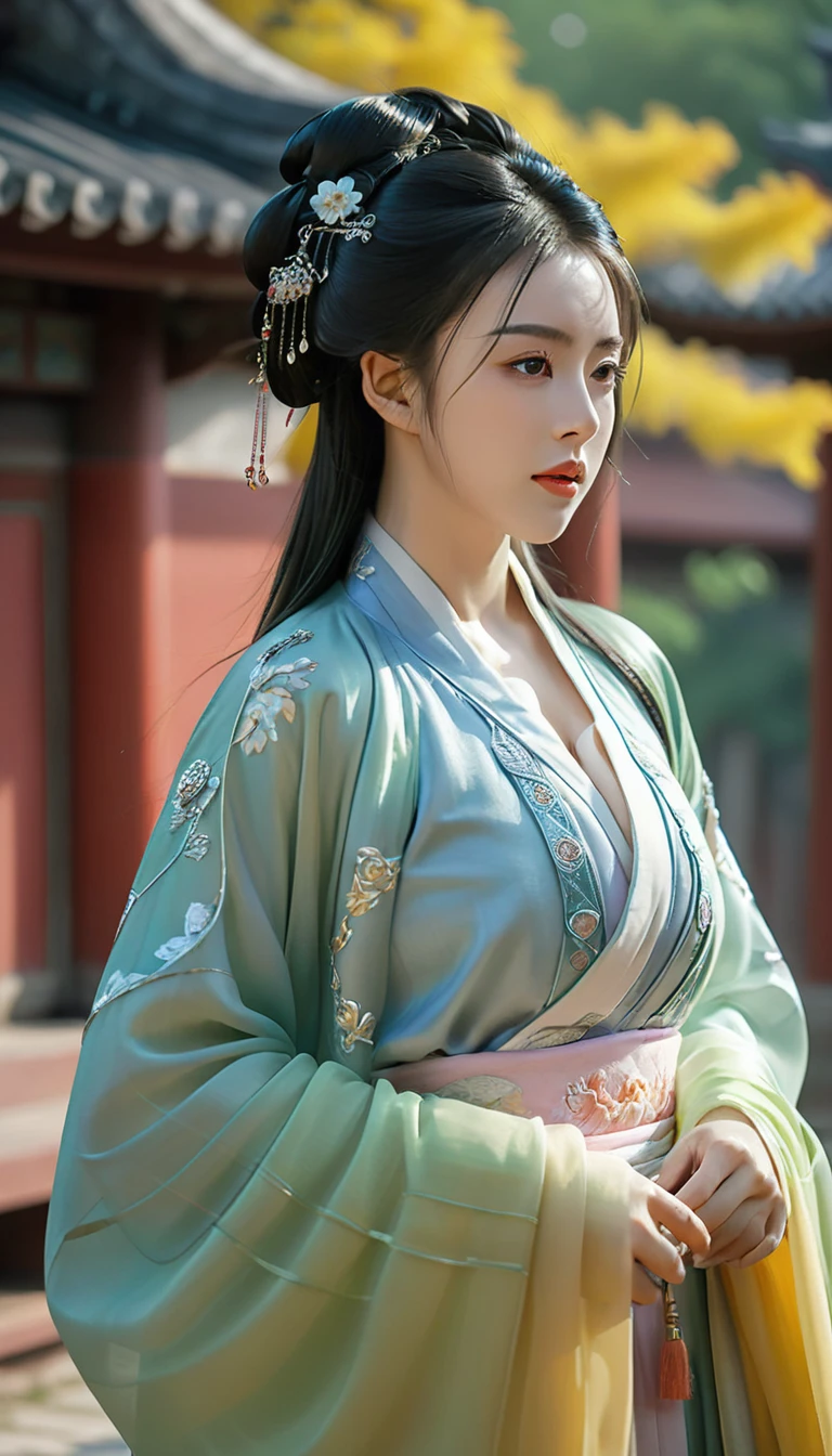 Ultra realistic, Intricate, Epic movie scene),1girl,hanfu,full body,(huge breasts:1.7), casting an otherworldly radiance on its surroundings,(Intricate, Lots of tiny details, amazing lighting, amazing setting),(Colorful, Ultra Realistic, High quality, Highly detailed, Sharp focus, 8K UHD, Ultra realism，(smile:0.3)