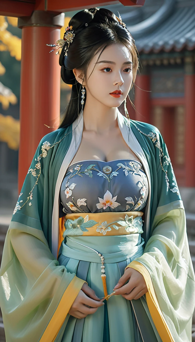 Ultra realistic, Intricate, Epic movie scene),1girl,hanfu,full body,(huge breasts:1.7), casting an otherworldly radiance on its surroundings,(Intricate, Lots of tiny details, amazing lighting, amazing setting),(Colorful, Ultra Realistic, High quality, Highly detailed, Sharp focus, 8K UHD, Ultra realism，(smile:0.3)