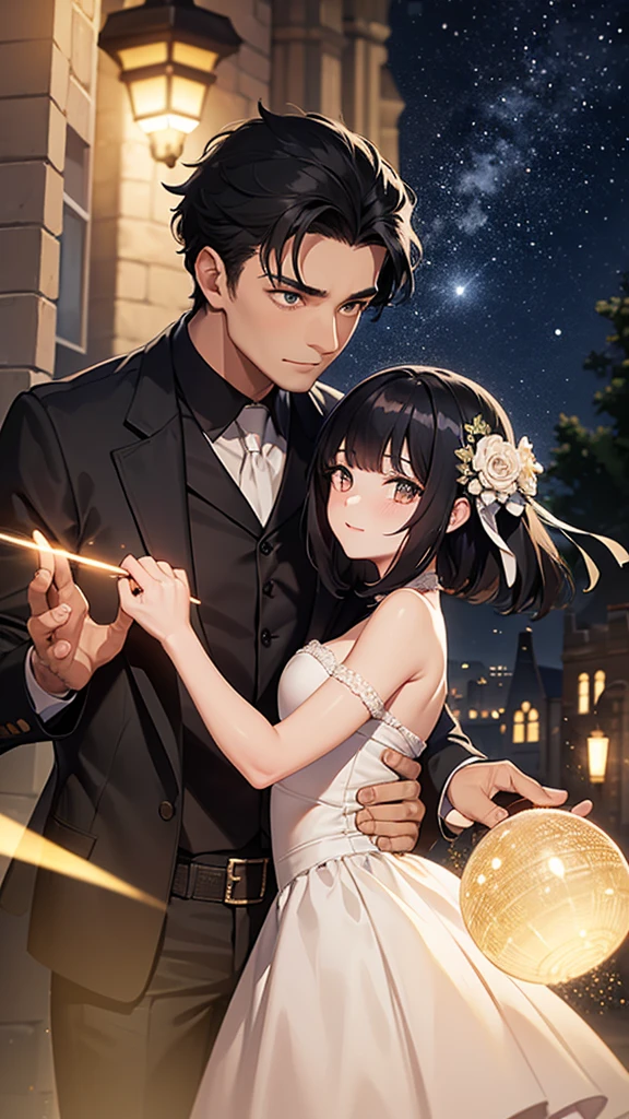 romantic couple look at each other, the man pick the woman up, black-haired mature man，Girl with black short hair with fringe (soft smile, shy)，different height ((the man is taller)), glowing stars，Glow effects, the night，in the ball room，The face is clear and accurate，detail in face，super-fine，castle，16K resolution，high quality, High picture detail，dynamic viewing angle，Epic shooting，oc rendered, dancing floor, detailed light, detailed shadow
