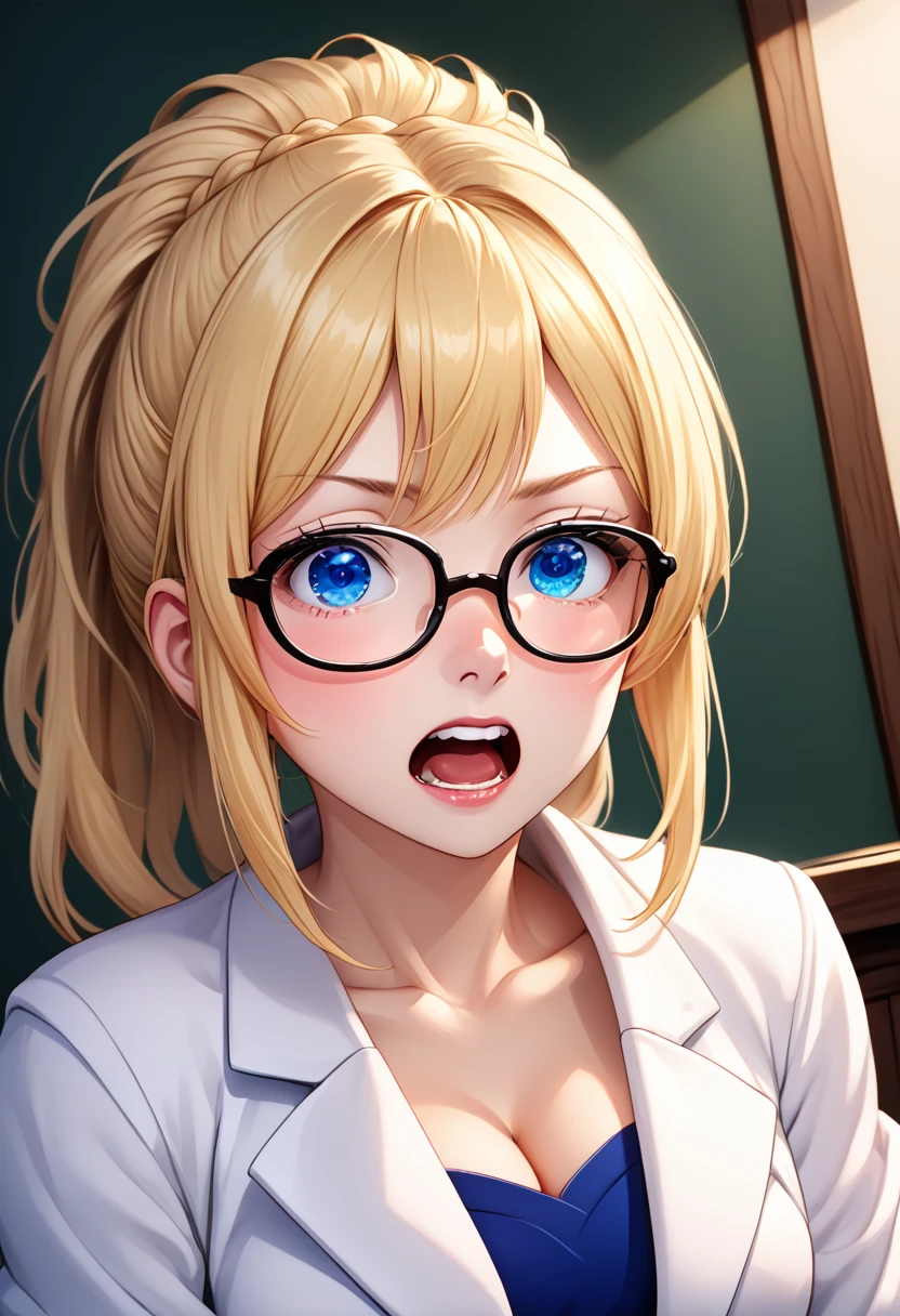 detailed illustration, dynamic angle, ultra-detailed, illustration, clean line art, shading, anime, detailed eyes, detailed face, beautiful face, dramatic lighting, ultra-detailed, illustration, single woman, masterpiece, masterwork, beautiful, blue eyes, show whole body in shot, head to toe in picture,

Thin, willowy, lithe, a cup breasts, narrow hips, creamy white skin, pale skin tone, blonde hair in a french braid with bangs, lab coat, glasses, professional, shy, quiet, mousy, conservatively dressed, puritanical, college age, look of pain on face, yelling, veins bulging, hunched over, hugging self, in pain, hurt, clothes ripping, muscles bulging, muscles growing, legs curled up