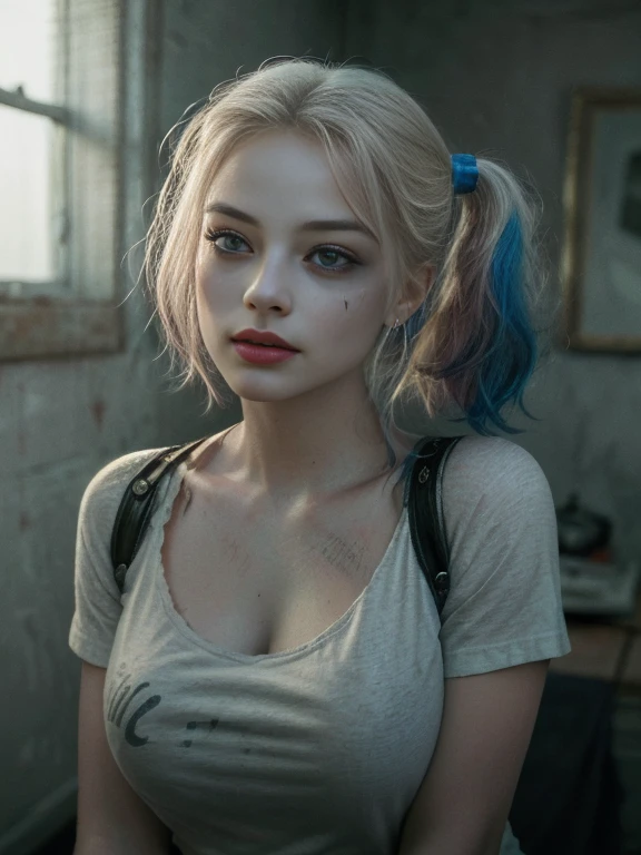 (8k, RAW photo, best quality, masterpiece:1.2), ultra detailed, official art, full-body shot, photo-realistic:1.37, , nipple visible through shirt, DC Harley Quinn, film grain, Dynamic pose, she is about to pull her shirt up, shot focused on her chest. (Perfect skin, without blemishes or marks).  ((best quality, 8k, masterpiece: 1.3)), focus: 1.2, perfect figure beautiful woman: 1.4, perfect breasts: 1.2, ((layered haircut, beautiful breasts: 1.2)), (real clothing textures: 1.1), (smooth Posture), clothing: 1.1, Highly detailed facial and skin texture, A detailed eye, double eyelid, brighten skin, real hair, “Visualize a character who radiates an aura of mystery and fascination.  Her skin is so realistic that every texture and hue seems to pop out of the image, reflecting light and shadow perfectly.  Skin should display subtle nuances of color, from the warm tones of natural blush to the cool shadows under the eyes, capturing the complexity and beauty of human skin in all its vivid detail.  (Professional realistic photography style).