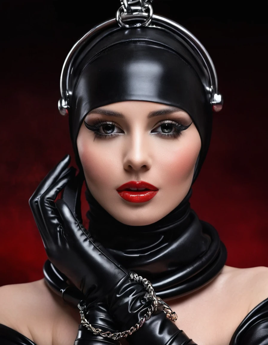 Very thin. Naked sexy model. in bdsm style. Latex hijab and doll mask. Shiny steel bracelets on top of black gloves. and Shiny steel bracelet necklaces are on her wrists. She wears a leather harness over her head and face. Leather garters on his feet.. Red, thick smoke in the background.