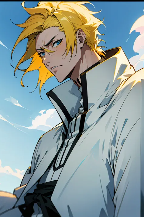 1male, young adult, short hair, yellowcolored hair, black highlights, two toned hair, sky blue eyes, bleach, hueco mundo, arranc...