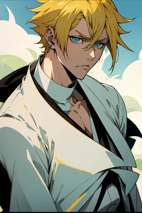 1male, young adult, short hair, yellowcolored hair, black highlights, two toned hair, sky blue eyes, bleach, hueco mundo, arranc...