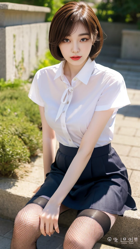 Korean 、summer  shirt、Tight shirt、Ribbon Ties、skirt by the、schools、stairs at school、chest lifting pose、Emphasis on the chest、Slender and large、8K raw photos、A high resolution、18-year-old Korean、embarrassing looking、very large round breasts、Beautiful eyes finely detailed、long eyelasher、beautiful double eyelid、eye shadows、eyeline、slender eyes、Elongated eye shape、Sanpaku eyes、beautiful and thin legs、Beautiful slender thighs、Random Shorthair、Tie your hair behind your head、耳Nipple Ring、Light brown hair、(Wear pantyhose)、Hold your knees，short hair,  fishnet stocking 