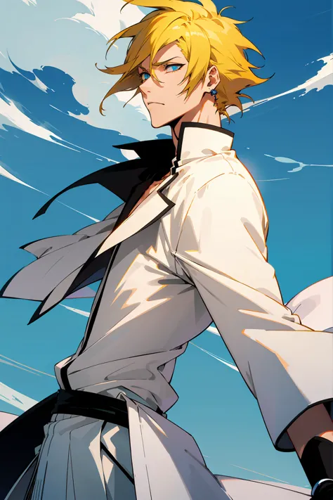 1male, young adult, short hair, yellowcolored hair, black highlights, two toned hair, sky blue eyes, bleach, hueco mundo, arranc...