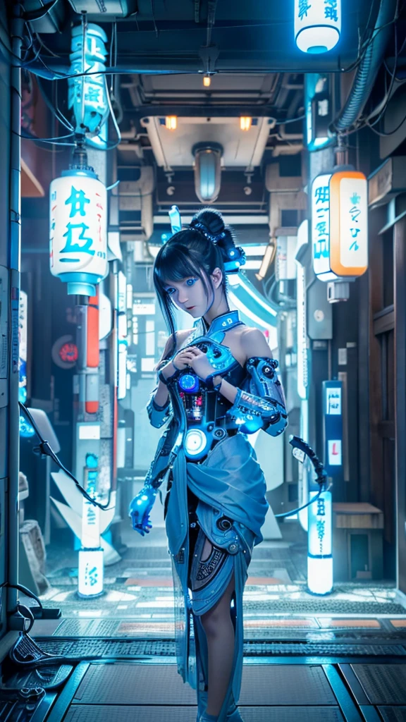 Ultra-detailed, master piece, best quality, high resolution,  detailed eyes, detailed face, (Neo Tokyo:1.5), (Cyberpunk:1.5), (Fusion with Machine:1.5), , very pretty and beautiful, girl with mysterious atmosphere, ghost,  in appearance, graceful in traditional Japanese costume and design, (beautiful light blue eyes:1.5), (light blue plasma around her:1.5), bio-mechanical, traditional Japanese room with elegance, long black hair, bangs, face, hands, design and (light blue plasma surrounds), biomechanical, Japanese traditional noble Japanese room, long black hair, bangs, face, hands, designs and decorations are detailed and clearly drawn, ultra realistic and realistic image with super high resolution