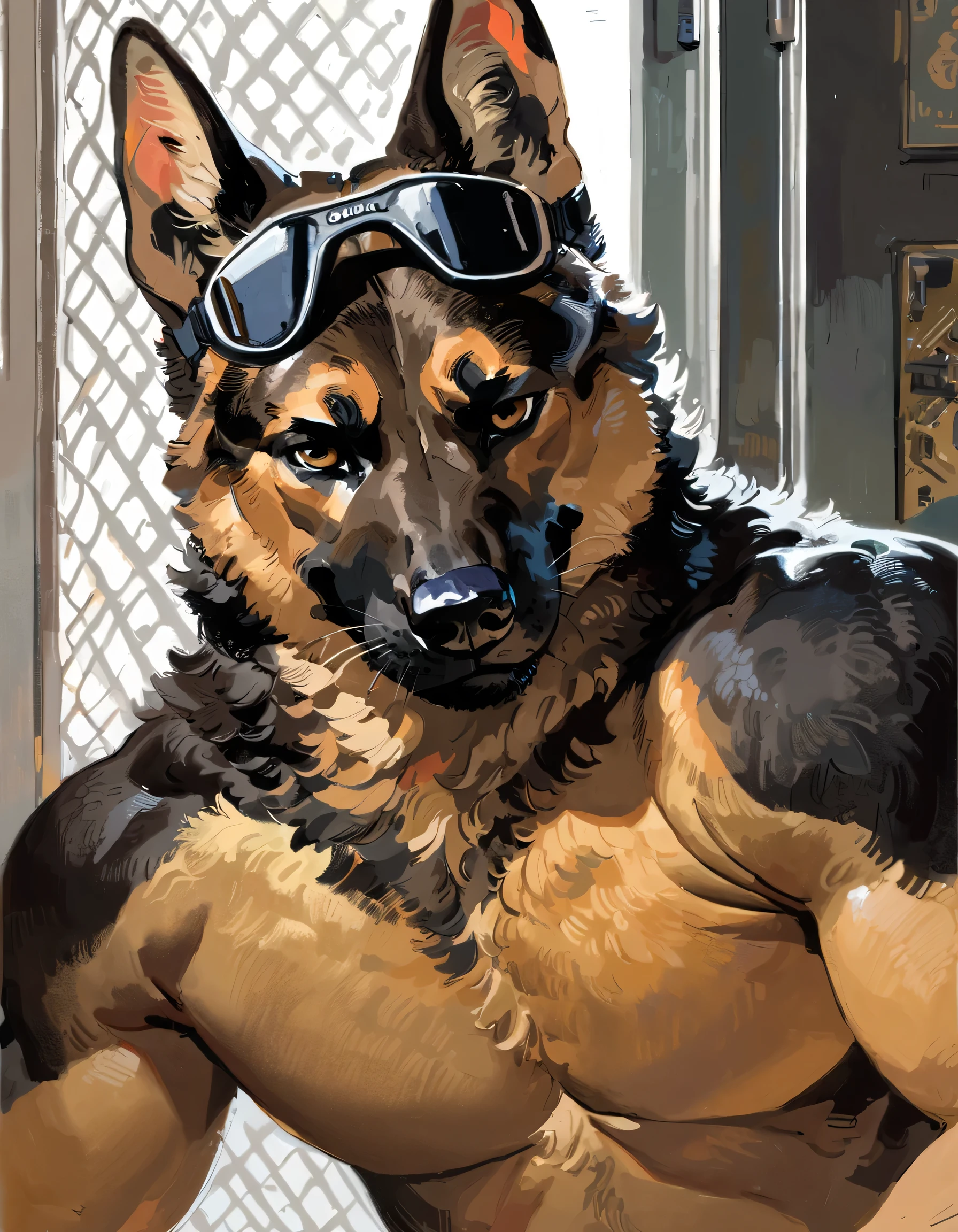 solo, male, anthro, (German Shepherd), by seyorrol, digital artwork, ((intricate SWAT background, indoor background)), (mysterious shadows:0.5), realistic shading, (epic, masterpiece, high quality, 8k, ultra HD, absurd res, top quality, best quality, max quality, masterpiece), ((sexy, ((masculine body)))), (tail), ((((Wearing black doggles)))), ((fur)), ((headshot)), paws, paw pads, smiling, muscular,