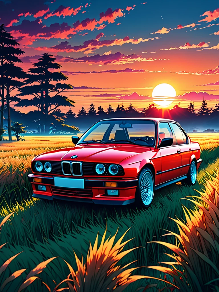 anime landscape of A pearl super sunny red classic 1993 BMW E30 318i sport sits in a field of tall grass with a sunset in the background.beautiful anime scene, beautiful anime peace scene, Makoto Shinkai Cyril Rolando, beautiful anime scene, amazing wallpaper, anime art wallpaper 8k, anime background, artistic anime background, anime wallpaper 4k, anime art 4k wallpaper, anime wallpaper art 4k,