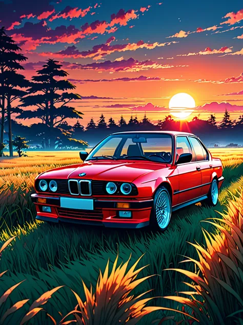 anime landscape of A pearl super sunny red classic 1993 BMW E30 318i sport sits in a field of tall grass with a sunset in the ba...
