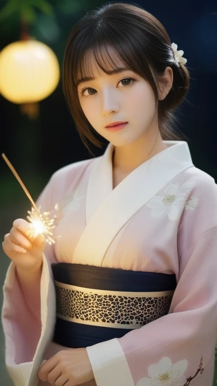 1girl, medium breasts,
senkou hanabi,holding, squatting, night,japanese clothes, kimono, yukata, floral print,
masterpiece, best quality,
situation: Silently gazing at the sparklers alone。
detailed:
angle: Close-up of a girl&#39;s profile gazing at a sparkler she is holding。
atmosphere: The sparks of the sparkler slowly fall,、Capture the girl&#39;s calm expression。
background: A dimly lit garden、The dim light of a lantern。