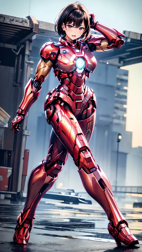Female Iron Man(Red and Black)、shine、Shortcuts、Textured skin, Super detailed, Attention to detail, high quality, 最high quality, ...