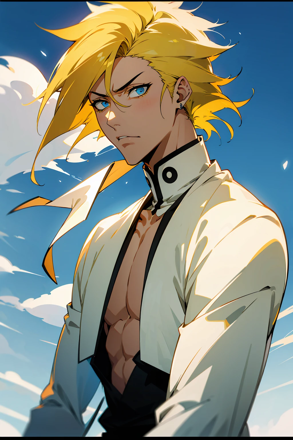 1male, Young Adult, Short Hair, YellowColored Hair, Black Highlights, Two Toned Hair, Sky Blue Eyes, Bleach, Hueco Mundo, Arrancar Clothing, Sunny, Muscular, White Coat, Detailed Eyes, Wavy Hair, Earring, Slicked Back Hair