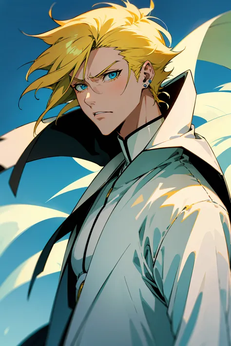 1male, young adult, short hair, yellow colored hair, black highlights, two toned hair, sky blue eyes, bleach, hueco mundo, arran...