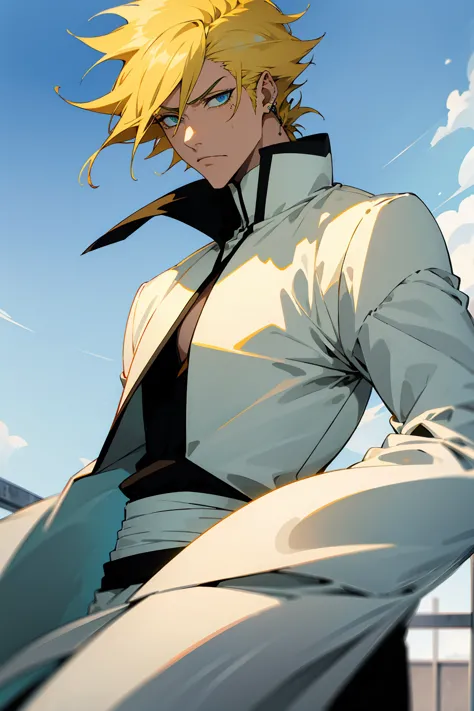 1male, young adult, short hair, yellow colored hair, black highlights, two toned hair, sky blue eyes, bleach, hueco mundo, arran...